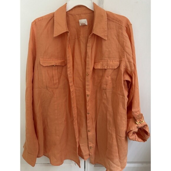 chicos linen shirt orange gold button down roll tab sleeves 100% linen size 2/ L - Picture 1 of 13